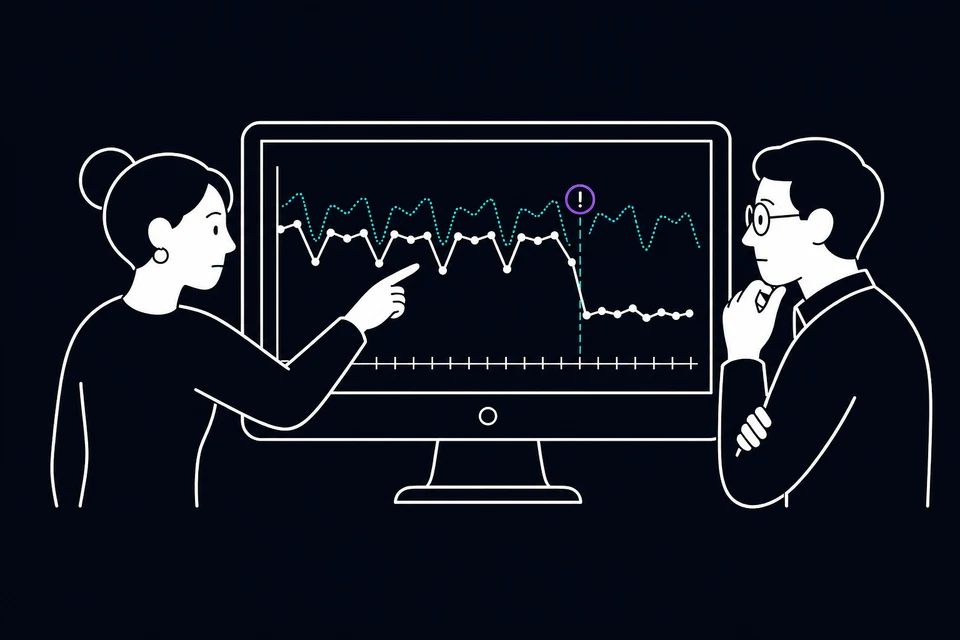 A data consultant points out a sudden drop in performance to a client before its cause is known.